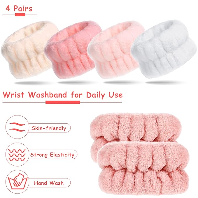 Chuangdi 4 Pairs Wrist Bands for Washing Face Wrist Spa Microfiber Wash Towel Band Scrunchies Absorbent Wristbands Sweatband for Women Prevent Liquid from Spilling(Pretty Colors)