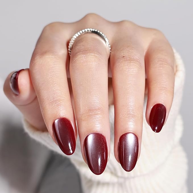 Leefrei Cat Eye Press On Nails - Glazed Ruby Red Press On Nails Short Almond Nails Press Ons for Women Fake Nails with Glue, Glossy Reusable Glue on Nail in 16 Sizes - 32pcs, Ruby Moon