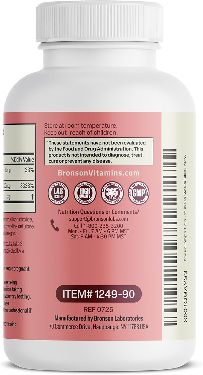 Bronson Collagen Peptides 3000mg (per Serving) with Biotin & Vitamin C - for Hair, Skin & Nails Support, Non-GMO, 90 Tablets