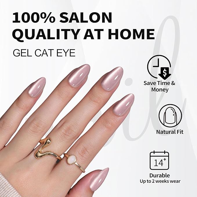 SHANGMENG Pink Cat Eye Press on Nails Short - Soft Gel Press on Nails Almond for Women Gift, Fit Perfectly & Natural Glue on Nails in 16 Sizes - 32 Reusable Fake Nails with Glue, Beige Pink