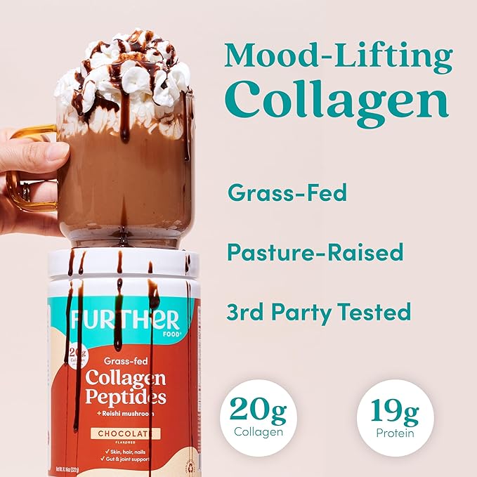 Further Food Chocolate Collagen Peptides Powder, Grass-Fed Pasture-Raised Hydrolyzed Type 1 & 3 Protein, Gut Health + Joint, Hair, Skin, Nails, Paleo Keto Sugar-Free 24.34 oz