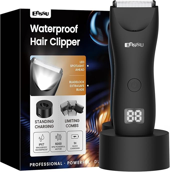 ENSSU Trimmer for Men, Manscape Body Hair Trimmer for Men with Ceramic Blade & LED Light, Waterproof Electric Shaver Groomer for Pubic Hair, Chest, Legs & Bikini, Pubic Hair Trimmer for Wet/Dry Use
