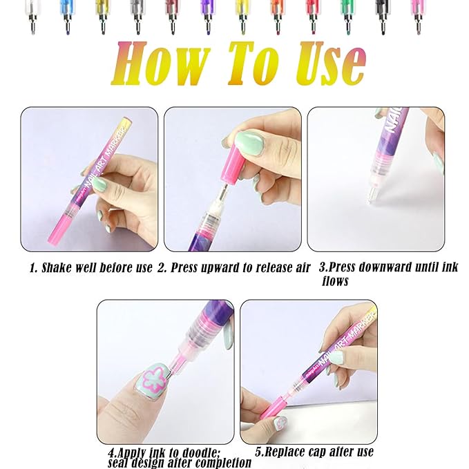 12 Colors Nail Art Pen Set,Nail Polish Pens Quick-Drying for Painting Nails,3D Acrylic Art Tools Dotting Liner Brush,Nails DIY Tools Beginners Christmas Gifts