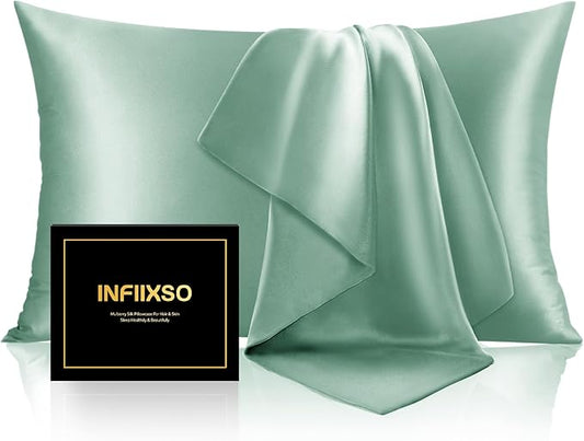 INFIIXSO Mulberry Silk Pillow Cases King Size Set of 2, Silk Pillowcase with Hidden Zipper 20"x36", Extraordinary Smooth and Soft Pillow Case for Hair and Skin(Mint Green, 2 Pack)