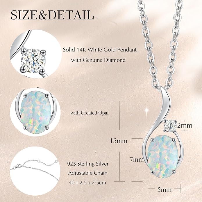 FANCIME 14K Solid White Gold Oval Gemstone Necklace with Diamond Pendant Gifts for Mom Women,16"+2" Inches