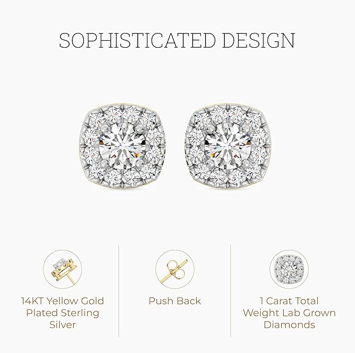 Gilded Lab-Grown Diamond Sterling Silver and 14KT Yellow Gold Plated Silver Stud Earrings for Women | Cushion Halo Shaped Studs | Hypoallergenic Fine Jewelry | Prong Setting, Push Back Nut | SI1 Clarity, F Color 1/4, 1/2, ,1 Carat Total Weight