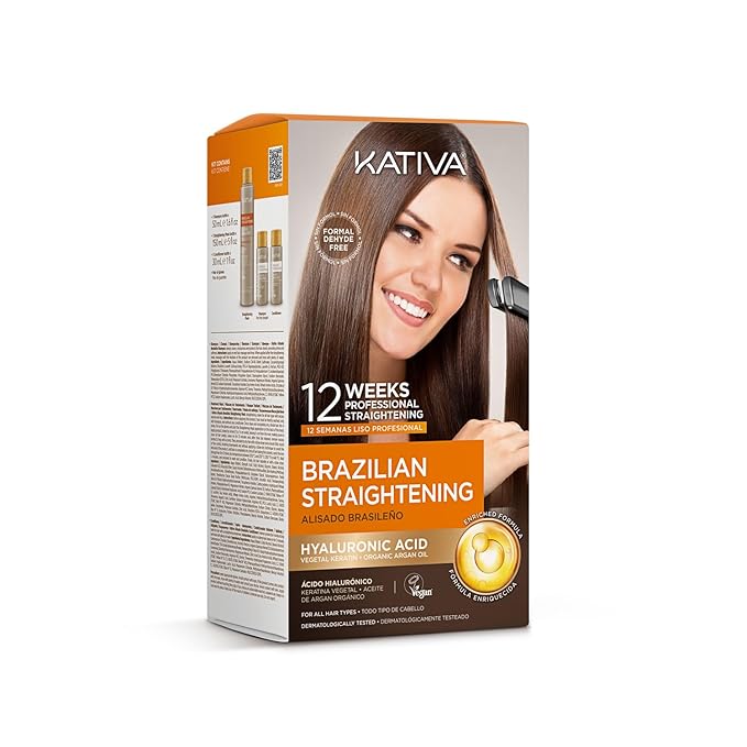 KATIVA Brazilian Keratin Treatment Kit at home Formaldehyde Free Hair Straightening with Hyaluronic Acid, Up to 12 Weeks Frizz Control for Curly, Wavy, Frizzy Hair (Straightening Kit)