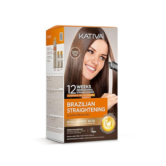 KATIVA Brazilian Keratin Treatment Kit at home Formaldehyde Free Hair Straightening with Hyaluronic Acid, Up to 12 Weeks Frizz Control for Curly, Wavy, Frizzy Hair (Straightening Kit)