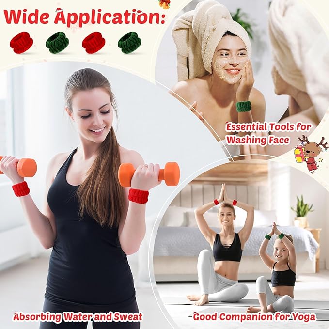 Chuangdi 4 Pairs Wrist Bands for Washing Face Wrist Spa Microfiber Wash Towel Band Scrunchies Absorbent Wristbands Sweatband for Women Prevent Liquid from Spilling(Red, Green)
