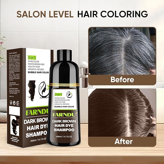 Farndu Dark Brown Hair Dye Shampoo for Women Men, 3 in 1 Hair Color Shampoo Dye for Grey Hair Coverage Champu Para Canas Mujer