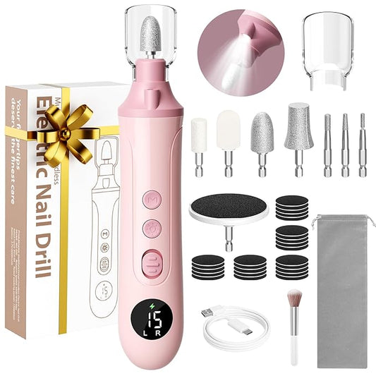 Ccigedy Professional Manicure Pedicure Electric Nail File for Thick Nails Hand Feet Care,Cordless Toenail Grinder 15 Speed,Nail Drill with LCD Screen,Ideal Valentine's Day Gift for Women/Men-Pink