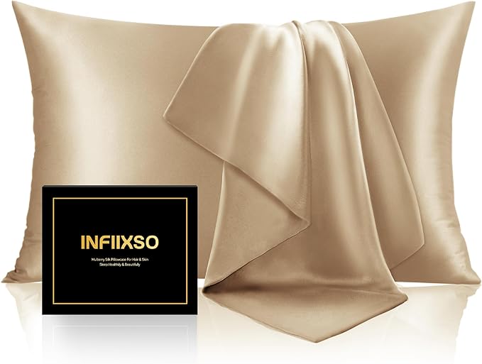 INFIIXSO Mulberry Silk Pillow Cases King Size Set of 2, Silk Pillowcase with Hidden Zipper 20"x36", Extraordinary Smooth and Soft Pillow Case for Hair and Skin(Champagne, 2 Pack)