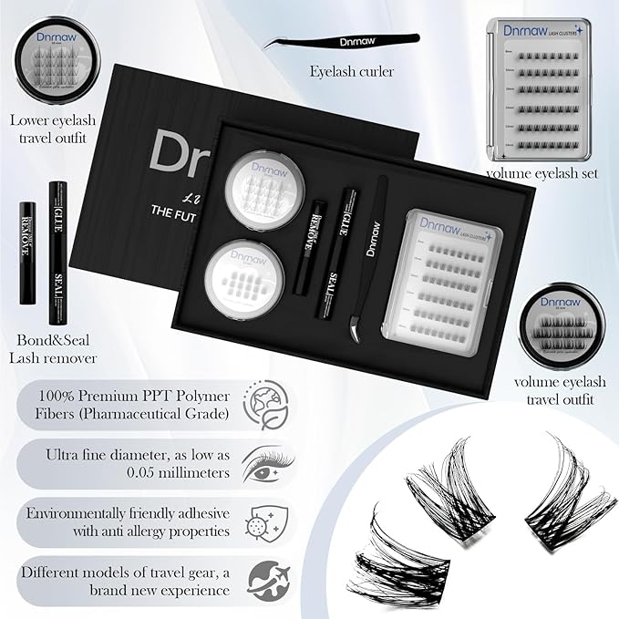Luxury Lash Clusters Kit - Wispy & Fluffy Cluster Eyelash Extensions 8-16mm, 150H Wear | Korean Hypoallergenic PBT Fibers, Waterproof Glue & Seal | Gift Ready Premium Box (Volume-black box)