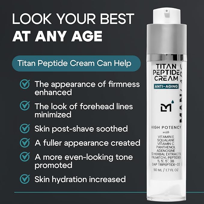 Man Labs Titan Peptide Anti-Aging Mens Face Cream – Mens Face Moisturizer – For Men, Face Lotion – Men, Skin Care – Tighten, Firm, Revitalize – Peptides, Vitamin C & E, Squalane – All Skin – Unscented