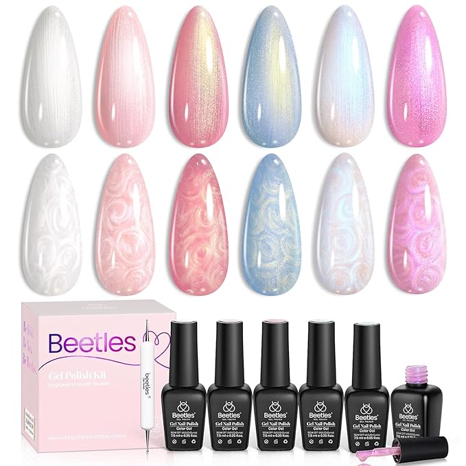 Beetles Pearl Gel Nail Polish Set - 6 Colors Pearl White Gel Nail Polish Mermaid Soak Off Uv Led Pink Blue Polish Swirl Thread Effect DIY Manicure Art Gift for Women