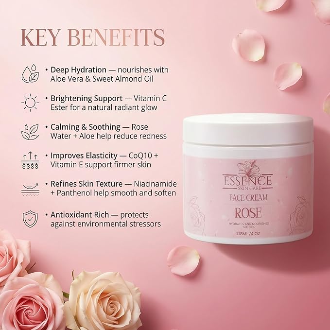 Essence Skin Care Rose Face Cream, Deeply Hydrating, Nourishing Moisturizer with Rose Water, Aloe Vera, Sweet Almond Oil, Shea Butter, Hyaluronic Acid, Hibiscus Extract