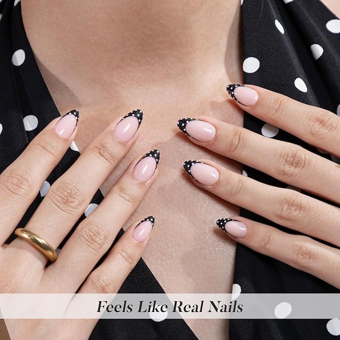 SHANGMENG Black French Tip Press on Nails Short - Polka Dots, Soft Gel Almond Press on Nails for Women, Seamless Fit Glue on Nails in 16 Sizes - 32 Reusable Fake Nails Kit with Glue