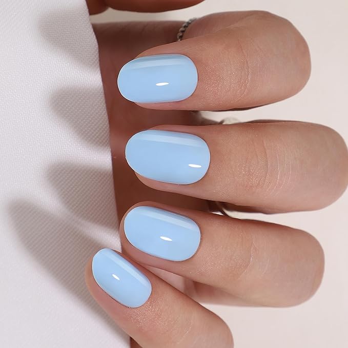 RPNZL Press On Nails - Cloud Nine | Opaque Soft Pale Sky Blue Short Oval Fake Nails, Salon Quality | 32 Nails, 16 Sizes Kit with Glue and Adhesive Tabs I Female Founded