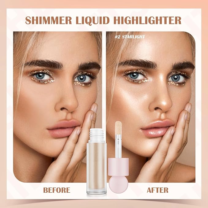 Liquid Highlighter Makeup Liquid Luminizer Glitter 3Pcs, Face Highlighters & Luminizers Body Highlighter for Long Lasting Shimmer, Highlighters Makeup Easy to Apply with Cushion Applicator