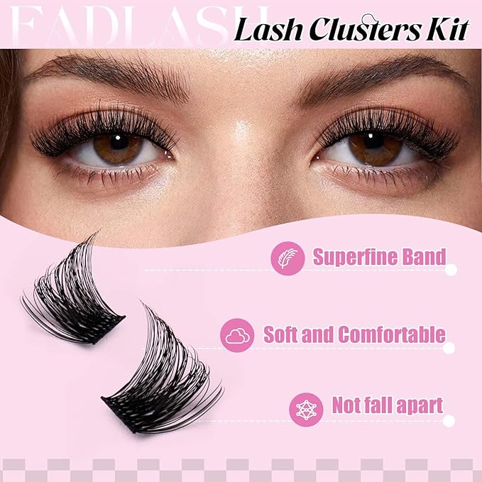 FADLASH Lash Clusters Kit DIY Lash Extension Kit D Curl 0.07 Natural Eyelash Extension Clusters Wispy Lash Clusters with Lash Bond and Seal Lash Tweezer for Self Application(F32-0.07D, 8-16mm Kit)