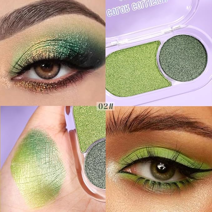 Mini Green Shimmer Eyeshadow Duo – Lime Glow & Forest Moss Metallic Eye Shadow Palette, High Pigment Long-Lasting Blendable Green Makeup for Brown Hazel Eyes, Wear, Party Glam, Stage & Night Out Looks