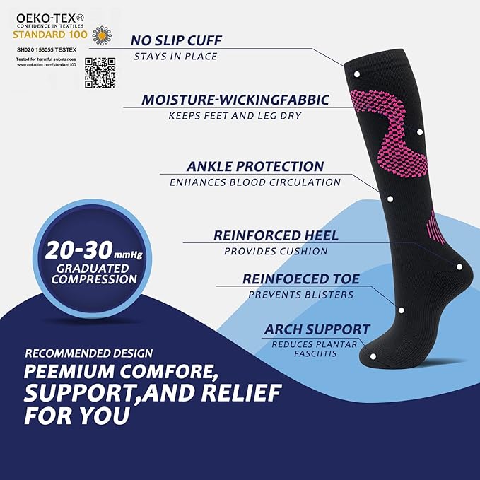 fenglaoda 8 Pairs Compression Socks for Men & Women 20-30 mmHg Knee High Nurse Pregnant Running Medical and Travel Athletic