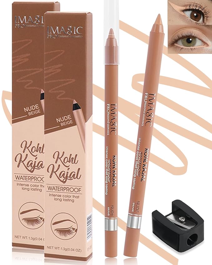 Nude Beige Water Line Gel Eyeliner Pencil-2Pcs Waterproof Longlasting Cream Eye Liner Waterline Brightener Pen,Smooth Easy-to-Sharpen Pencil with Sharpener,Thanksgiving Eye Makeup Gift Set for Girl