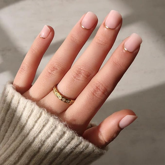 Glamnetic Press On Nails - Quiet Luxury | Super Short Neutral Fake Nails with Gold Reverse French Tip, Extra Short Salon Quality Nude Nails | 12 Sizes - 30 Nail Kit with Glue
