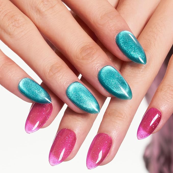 GLAMERMAID Pink Blue Magnet Cat Eyes Press On Nails Short Almond, Aurora Magnetic Handmade Soft Jelly Gel Fake Nails, Ombre Round Oval Stick Glue on Nail Kit for Women, Reusable Acrylic False Nail Set