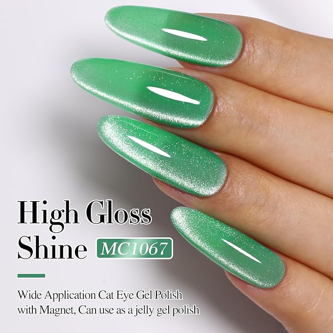Double Rhythm Jelly Glass Cat Eye Gel Polish with Magnet 15ML Holographic Glitter Shimmer Translucent Sheer Color Magnetic Gel Polish Salon DIY at Home (Spring Green-MC1067)
