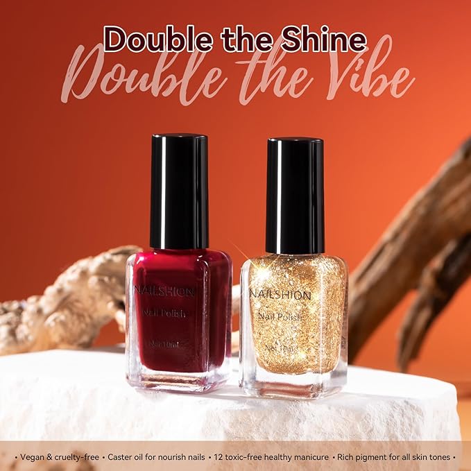 Nailshion Deep Red Wine Nail Polish Set, Burgundy Fast Air Dry Fall Winter Nail Polish Duo, Opaque Dark Red, Non-Gel, Crème, Toxic-free Long Lasting Glossy Nails Art for Home DIY Manicure Gift