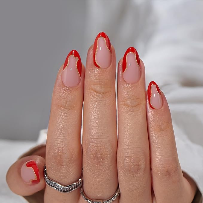 BTArtbox French Tip Press On Nails - Short Almond Red Valentines Press On Nails with Glue and Adhesive Tabs for Women in 16 Sizes - 32 Soft Gel Glue On Nails Kit, Wildfire Waves