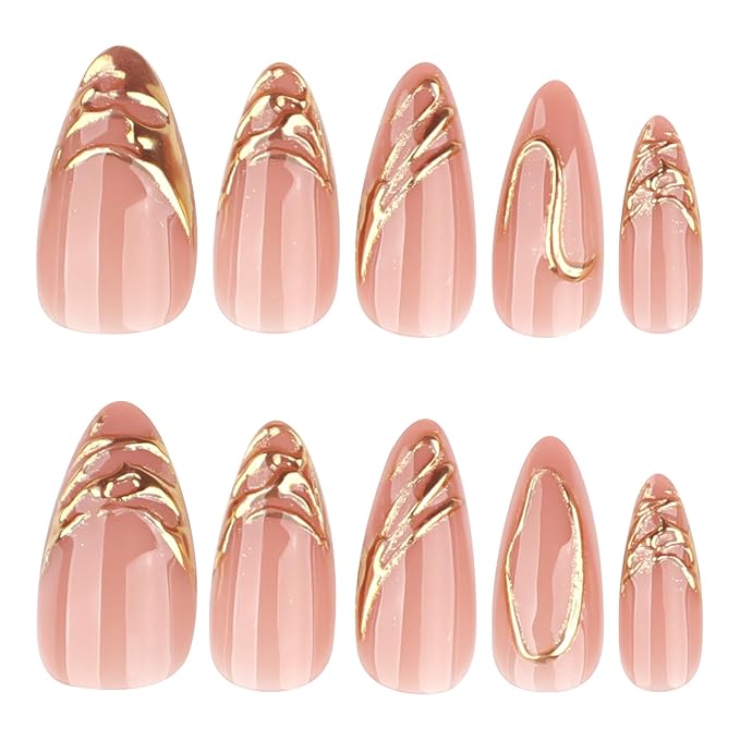 XZMeiLun Medium Almond Press on Nails - Pink Glossy Fake Nails with 3D Gold Line Design, Acrylic Nails with Stiletto Design, Reusable Full Cover Glue-On for Women, French Manicure False Nails - Gift