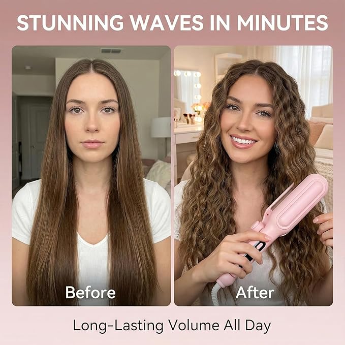 Hair Crimper for Women - Curling Iron Waver Hair Tool to Adjustable Groove - Rizadora para Cabello - Anti-Scald Tech Hair Waver - Ionic Ceramic Coating for Long-Lasting,Fast Heating,Pink, 1/1.25 Inch