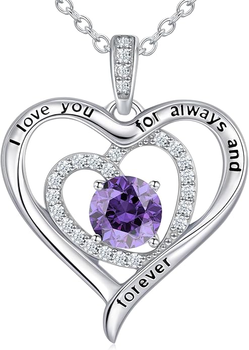 S925 Sterling Silver Necklace for Women, Valentines Day Gifts for Her, Love Heart Birthstone Necklaces for Women, Wife Jewelry, Mom Birthday Valentines Mothers Day Gifts, Girlfriend Necklaces, Daughter Heart Jewel, Anniversary for Her