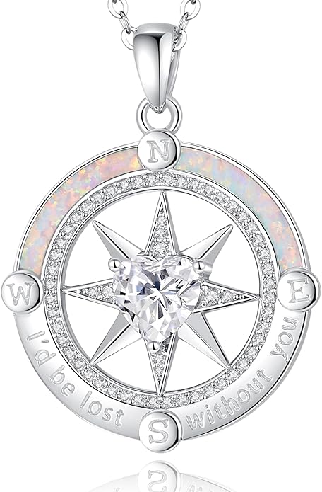 FANCIME Compass Necklace for Women Sterling Silver Compass Jewelry Opal Pendant Fine Jewelry Gemstone Birthday Christmas Gifts for Wife