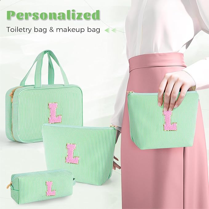 Cute Toiletry Makeup Bag for Women Girls - Personalized Teenager Girl Gift Ideas | Initial Make Up Bag | Gifts for Women Friends | Skin Care Bag | Tween Girls Trendy Stuff - Green L
