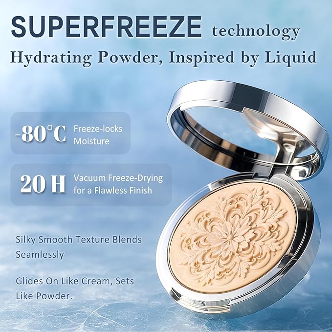 SuperFreeze Pressed Setting Powder, Freeze-Dried Skincare Powder for All-Day Oil Control, Pore-Blurring Matte Finish with Hyaluronic Acid & Niacinamide, Smooth Crease-Resistant Compact (Fari)