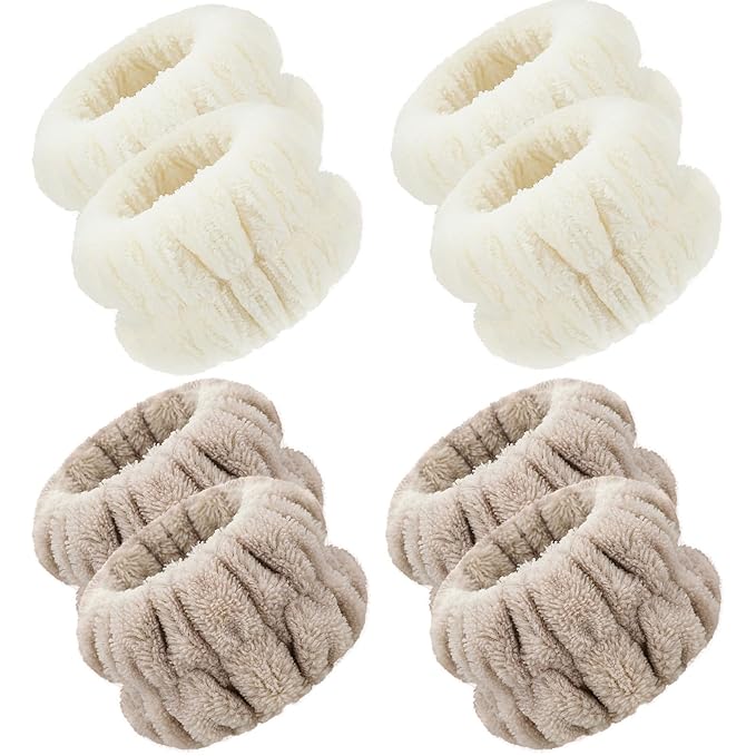 Chuangdi 4 Pairs Wrist Bands for Washing Face Wrist Spa Microfiber Wash Towel Band Scrunchies Absorbent Wristbands Sweatband for Women Prevent Liquid from Spilling(Khaki, Beige)