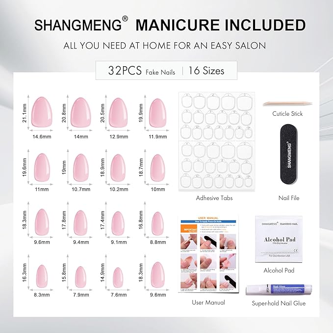 SHANGMENG Black French Tip Press on Nails Short with 3D Bow Design - Soft Gel Almond Fake Nails for Women Gift, Natural Stick on Nails with Glue in 16 Sizes - 32 Reusable Nails, Silver Ribbon