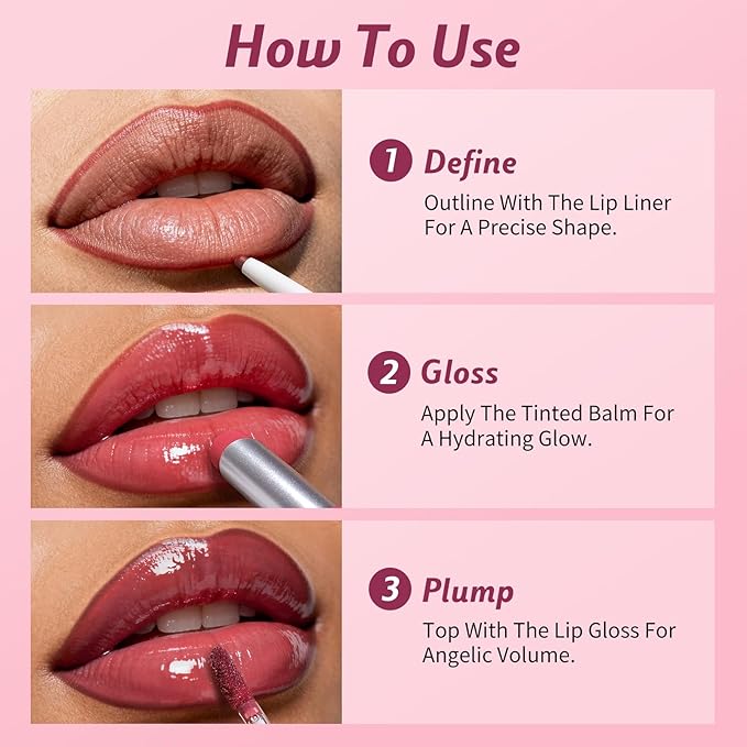 3PCS Lip Combo Set - Matte Lip Liner Pencil + Hydrating Tinted Lip Balm + Juicy Lip Gloss Tint, Non-Sticky, Long-Lasting, High Pigment Lip Makeup Kit (Juicy Plum Set)