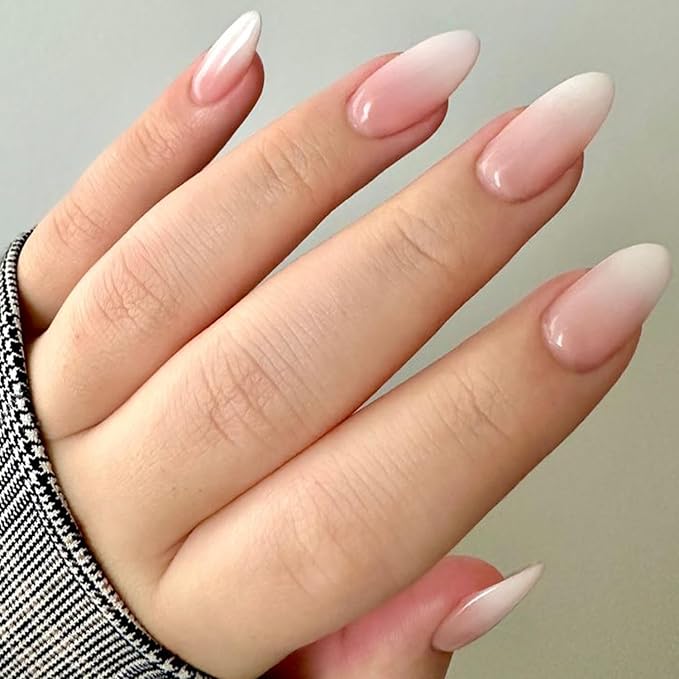 GLAMERMAID Press on Nails Medium Almond, Short Stiletto, Fake Nails Kit, with Glue, Ombre Pink White, French Tip, Brush, Crush, Easy Apply, Acrylic, Fake Nails, for Women, Reusable, Comfort-Fit