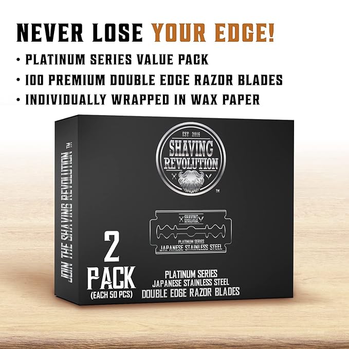 SHAVING REVOLUTION 100 Count Men's Safety Double Edge Razor Blades for Shaving - Platinum Japanese Stainless Steel Double Razor Shaving Blades for a Smooth, Precise and Clean Shave
