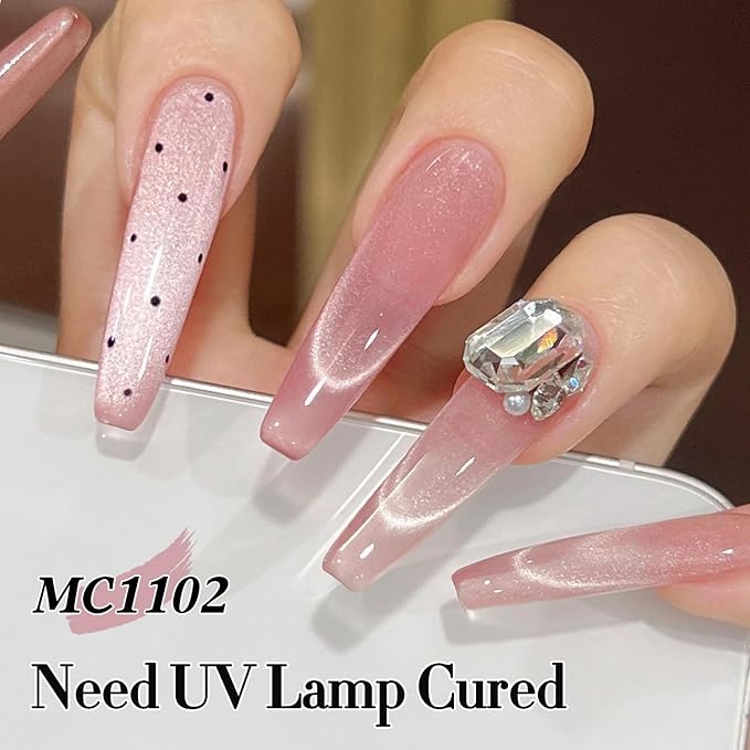 Double Rhythm Jelly Glass Cat Eye Gel Polish with Magnet 15ML Holographic Glitter Shimmer Translucent Sheer Color Magnetic Polish Salon DIY at Home (Jelly Pink Orange-MC1102)