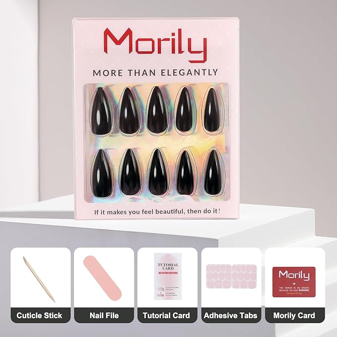morily 24Pcs Black Press on Nails Stiletto Fake Nails Medium Length Almond False Nails Tips Long Acrylic Glossy Stick on Nail Solid Color Full Cover Fingernails Manicure for Women (Black)