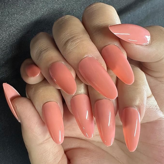 JONKASIPA Pink Pressed Gel Nails French Almond Shaped False Nails, Reusable Feminine Nail Art - Set of 24 Pcs Medium Nails