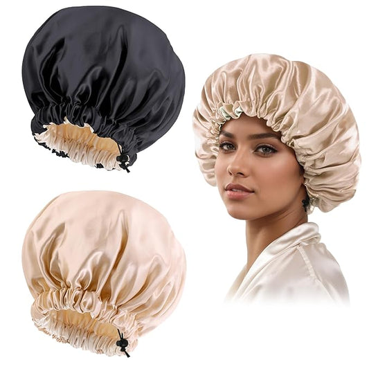 Satin Silk Bonnet for Curly Hair Bonnet Braid Bonnet for Sleeping Bonnets for Women Large Double-Layer Adjustable(Black&Champagne)