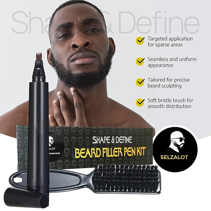 SELZALOT Beard Filler Pen (4-Tip) - Dark Brown Beard Pencil Filler for Men Waterproof Patchy Beard Solution - Beard Filler Kit Long Lasting Beard Filling Pen with Brush