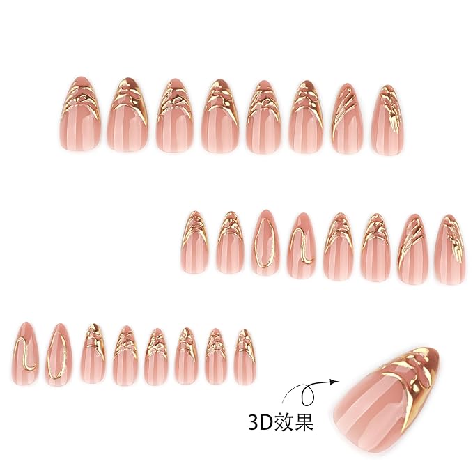 XZMeiLun Medium Almond Press on Nails - Pink Glossy Fake Nails with 3D Gold Line Design, Acrylic Nails with Stiletto Design, Reusable Full Cover Glue-On for Women, French Manicure False Nails - Gift