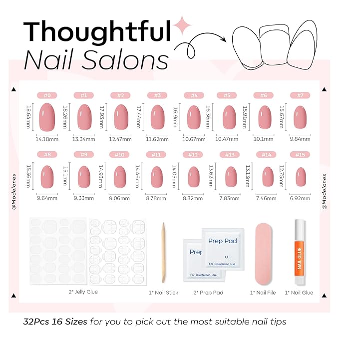 modelones Soft Pink Short Press on Nails, Semi-Transparent Oval Fake Nails Kit Press Ons with Nail Glue, Adhesive Tabs, Nail File, Prep Pad, Manicure Stick, 32Pcs 16 Sizes, Valentines